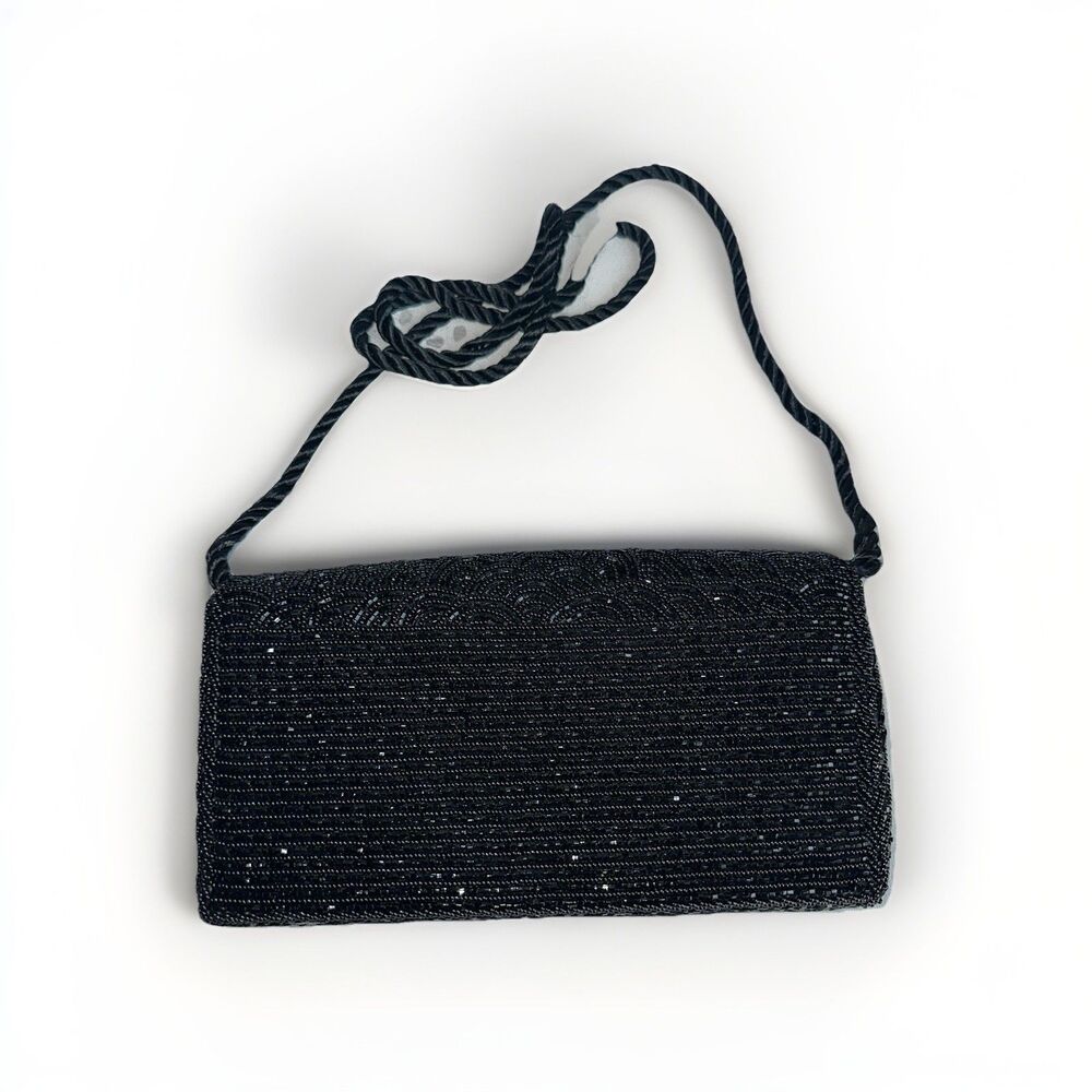 Vintage 1950s Walborg Black Beaded Purse Mid Century Boudoir Display Vanity